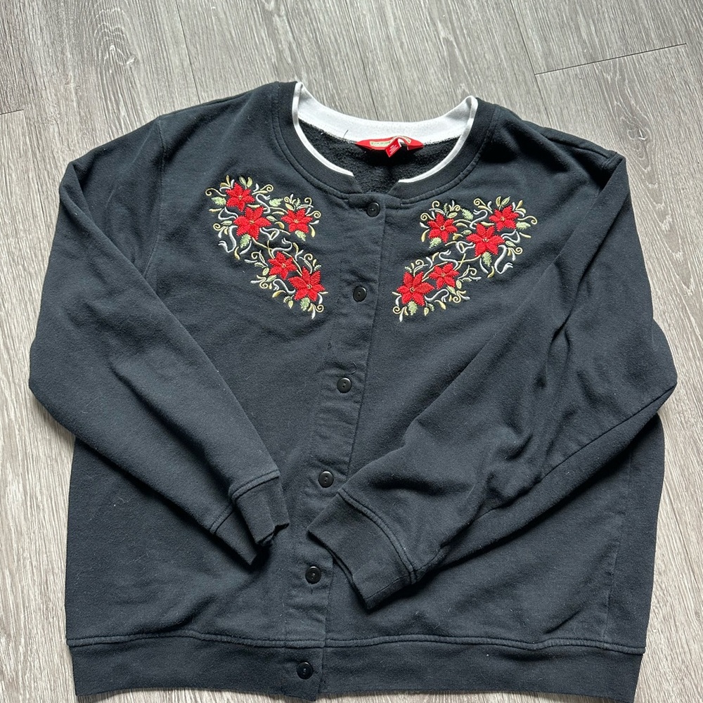 Holiday Traditions Black Cardigan with Red Floral Design